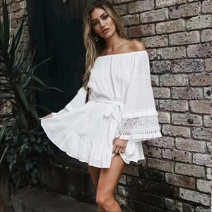 Off the Shoulder White Cotton Dress
